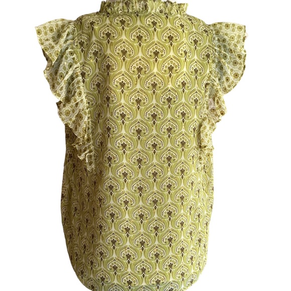 Rachael Zoe Green/Metallic Gold Paisley Flutter Cap Sleeve Pull on Lined Top SM - Picture 2 of 10